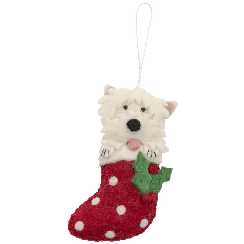 ---Fairtrade Felt Christmas Decoration - West Highland Terrier in Stocking