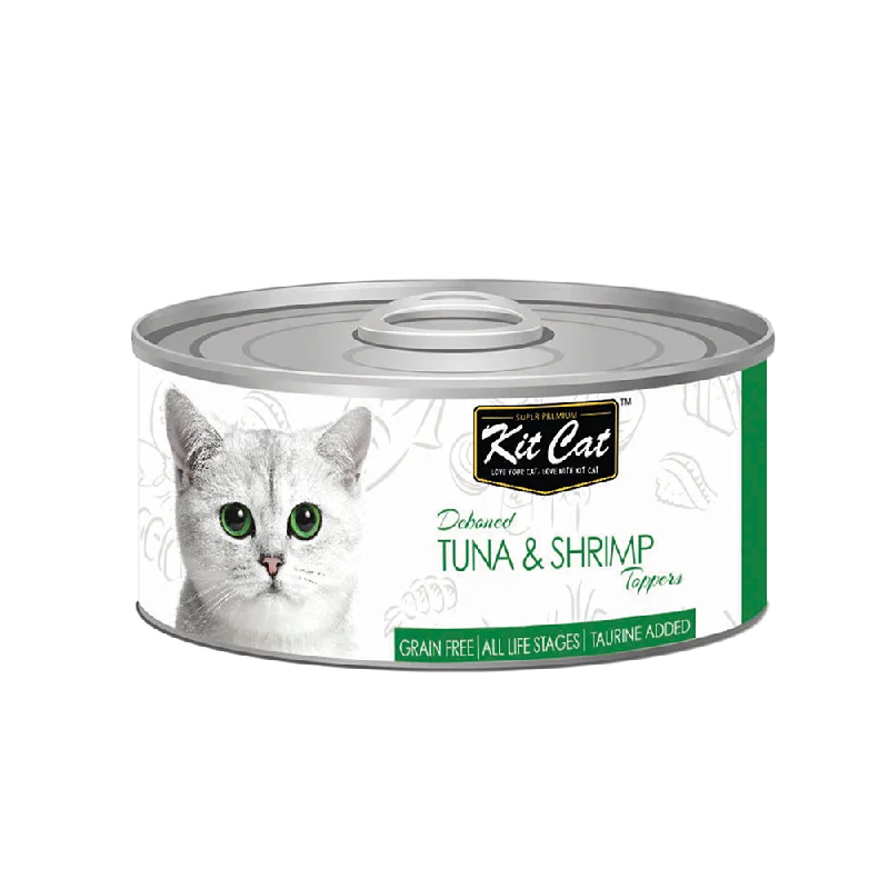    - Cat food for spayed/neutered cats  Kit Cat - Deboned Tuna & Shrimp Toppers (Wet Cat Food)