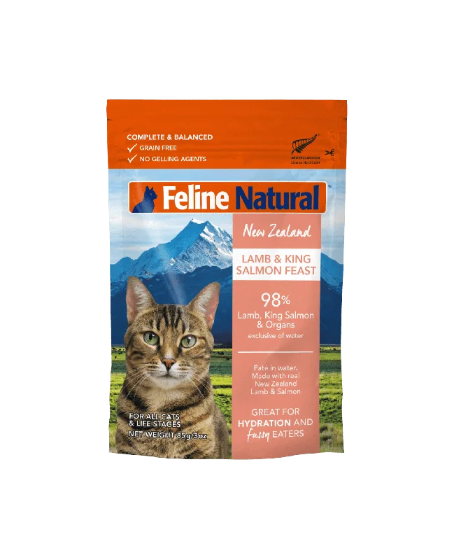    - Chicken flavor cat food  Feline Natural - Lamb & King Salmon Pouches (Wet Cat Food)