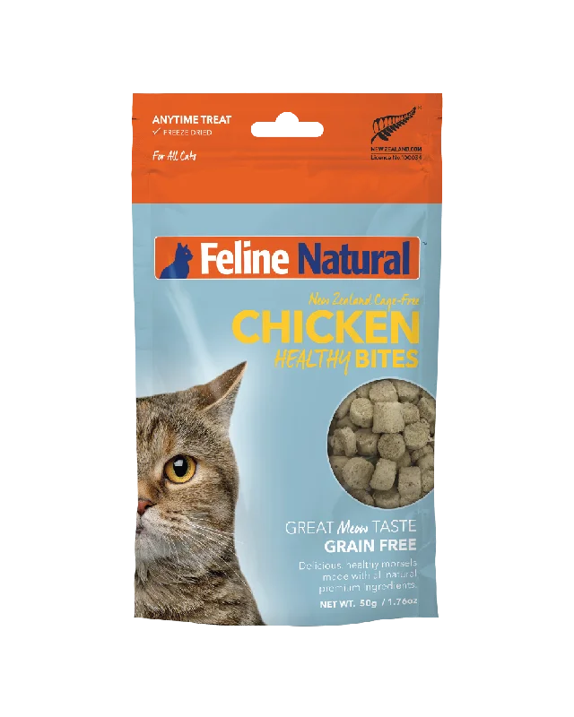    - High-protein cat food  Feline Natural - Chicken Healthy Bites (Cat Treats)