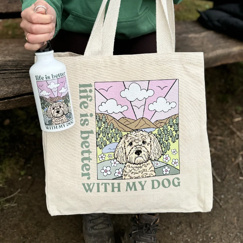 - Custom pet birthday cakeLife is Better Tote bag and water bottle bundle